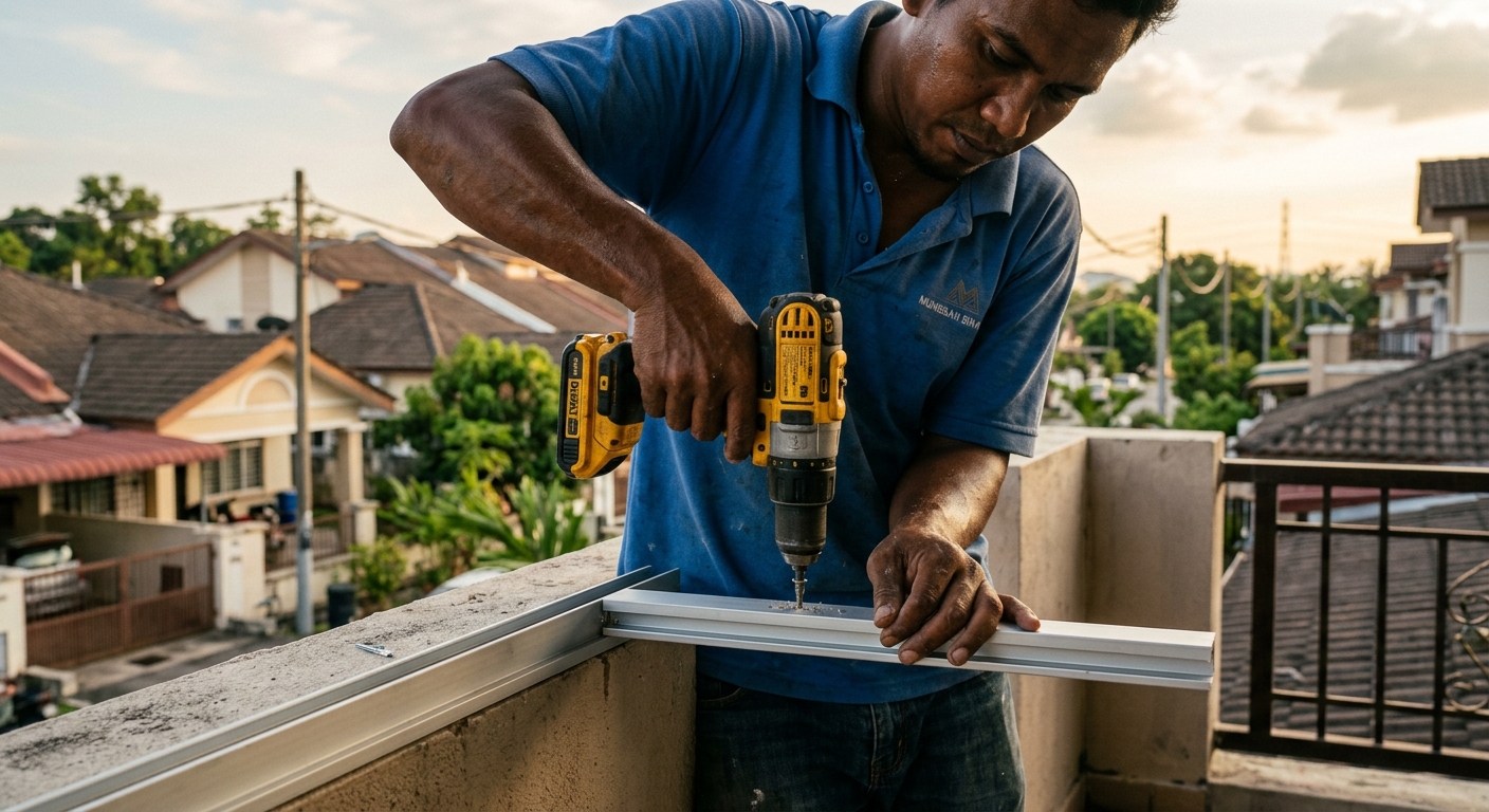 Malaysian installer fitting an aluminium window frame on a terrace house balcony with a drill